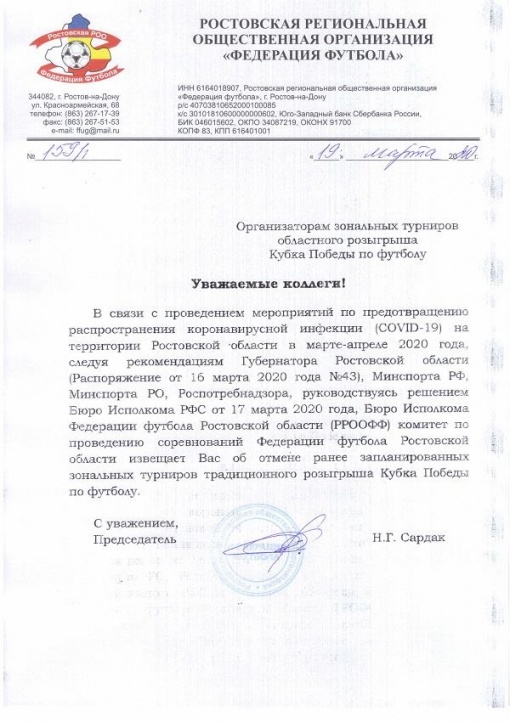 Зональные турниры «Кубка Победы 2020» отменены!